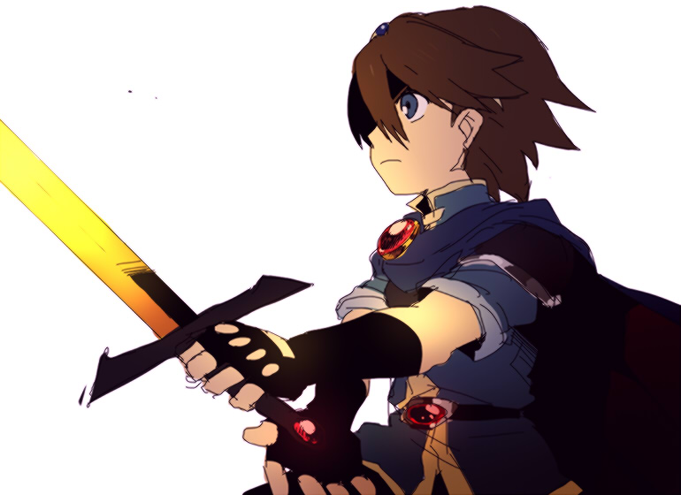 1boy armor blue_eyes brown_hair cape cosplay fideo_aldena fingerless_gloves fire_emblem gloves inazuma_eleven inazuma_eleven_(series) male marth marth_(cosplay) short_hair solo sword weapon