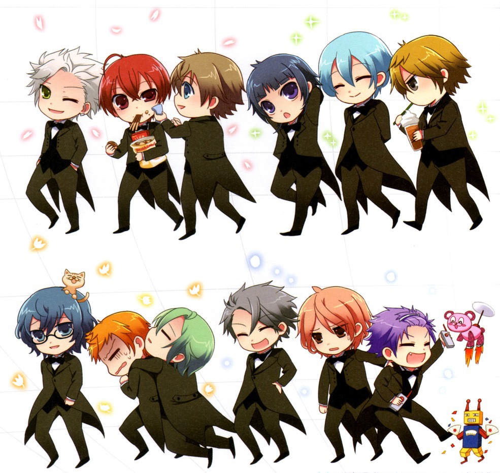 amaha_tsubasa aozora_hayato black_hair blue_eyes bowtie brown_eyes brown_hair cat closed_eyes eyes_closed fang glasses haruki_naoshi hoshizuki_kotarou kanakubo_homare kinose_azusa leaf miyaji_ryunosuke mizushima_iku multiple_boys nanami_kanata open_mouth orange_hair petals pink_hair pocky purple_eyes purple_hair red_eyes red_hair redhead shiranui_kazuki smile snow sparkle starry_sky_(game) sweat tohzuki_suzuya tomoe_you touzuki_suzuya toy tuxedo violet_eyes white_hair wink