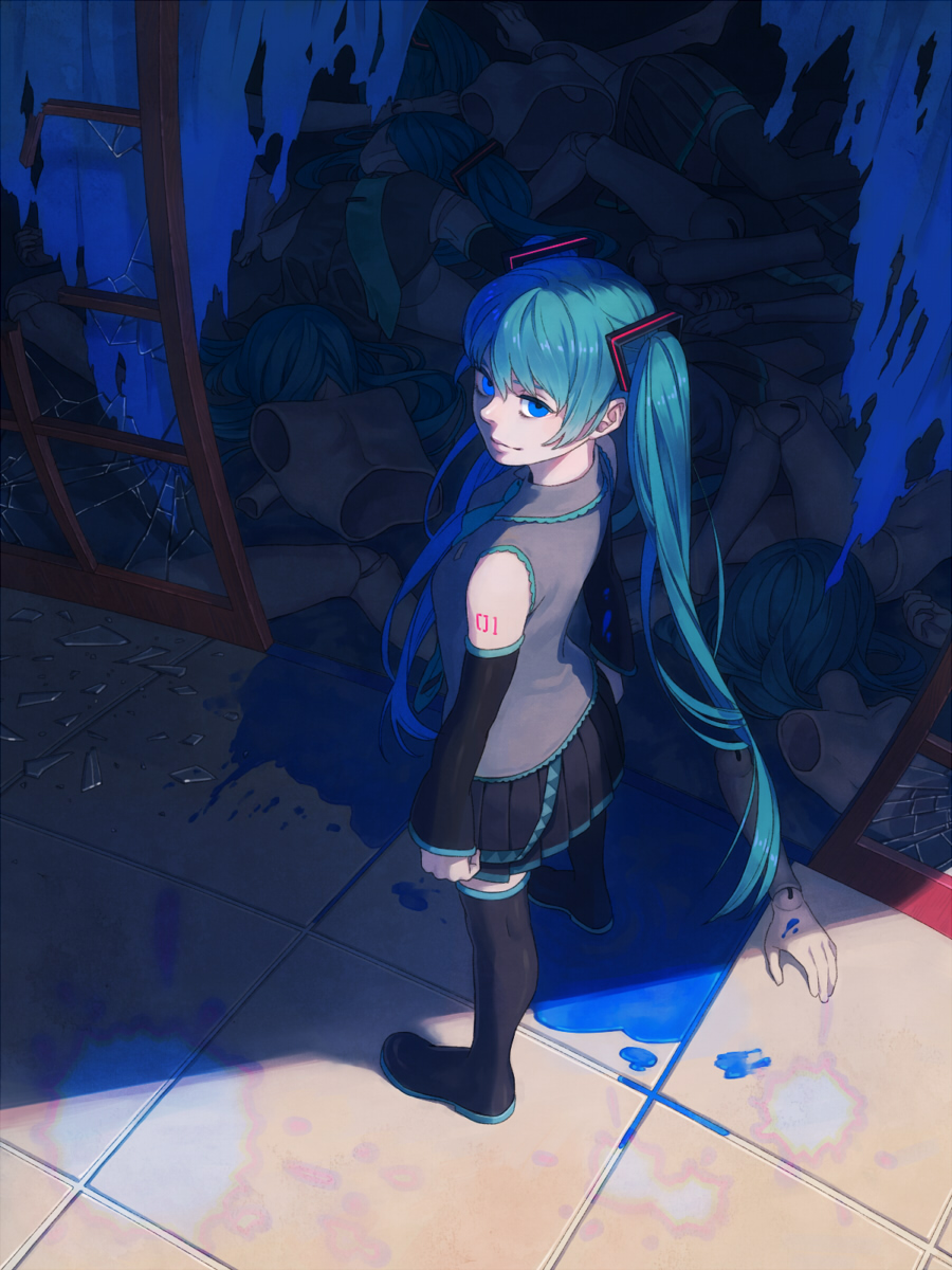 blue_eyes blue_hair broken_glass detached_sleeves esukee from_above glass hatsune_miku highres long_hair shade solo sunlight tattoo thigh-highs thighhighs twintails very_long_hair vocaloid