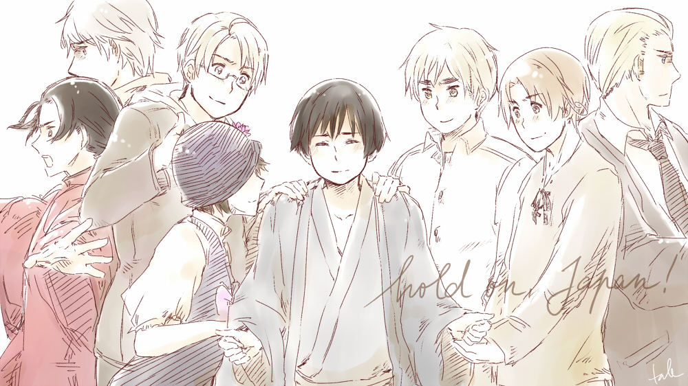 2011_sendai_earthquake_and_tsunami 6+boys ^_^ ahoge america_(hetalia) angry arm_up axis_powers_hetalia black_hair blond_hair blonde_hair blue_eyes blush bowtie brown_hair china_(hetalia) chinese_clothes closed_eyes english everyone evil eyes_closed flower foreshortening formal germany_(hetalia) green_eyes group hand_holding hand_on_shoulder hat hat_flower head_tilt holding_hands jacket japan_(hetalia) japanese_clothes kimono long_sleeves male multiple_boys necktie northern_italy_(hetalia) open_mouth original outstretched_arm polearm puffy_sleeves ribbon russia_(hetalia) serious shaded_face short_hair short_sleeves silver_hair smile suit tale_(crystalicia) teeth thumbs_up united_kingdom_(hetalia) vest weapon white_background wide_sleeves