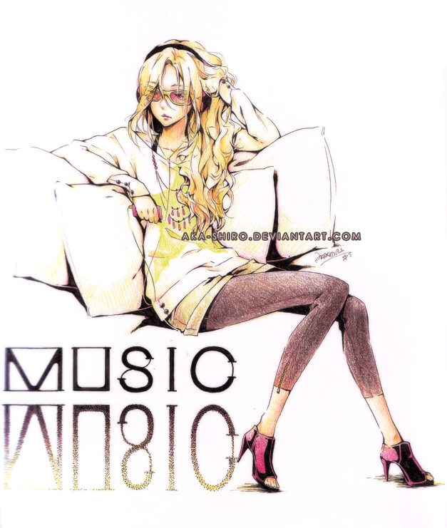 akashirokai blonde_hair digital_media_player high_heels leggings long_hair original shoes sitting sunglasses traditional_media