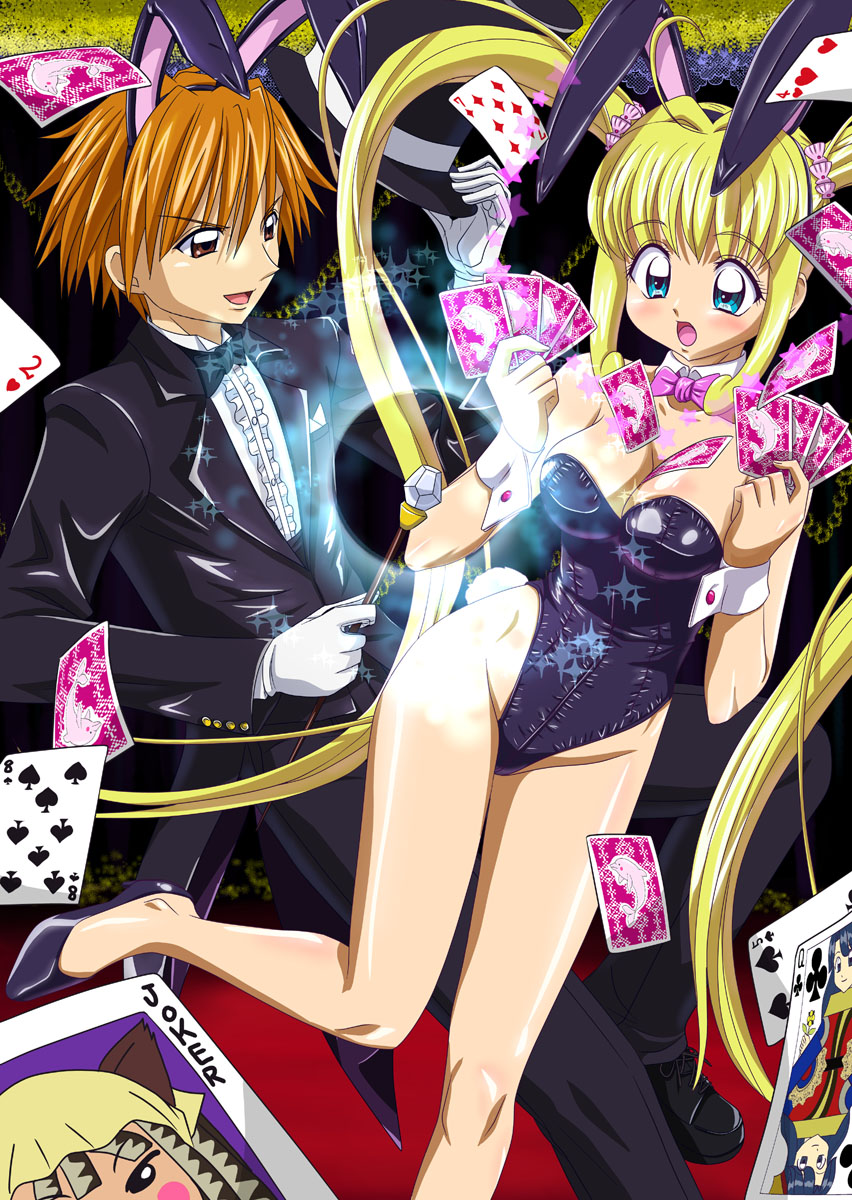animal_ears ankoku_tiger bare_legs blush breasts bunny_ears bunny_girl bunnysuit card card_with_aura cards cleavage domoto_kaito doumoto_kaito falling_card hat highres holding holding_card latex magician mermaid_melody_pichi_pichi_pitch nanami_lucia official_style playing_card playing_cards shiny shiny_clothes shiny_skin tail top_hat wand