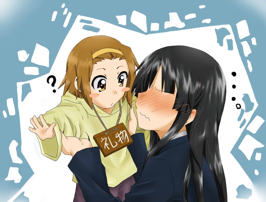 2girls ? akiyama_mio black_hair blush brown_hair chibi gift happy_birthday k-on! long_hair multiple_girls noboru short_hair tainaka_ritsu