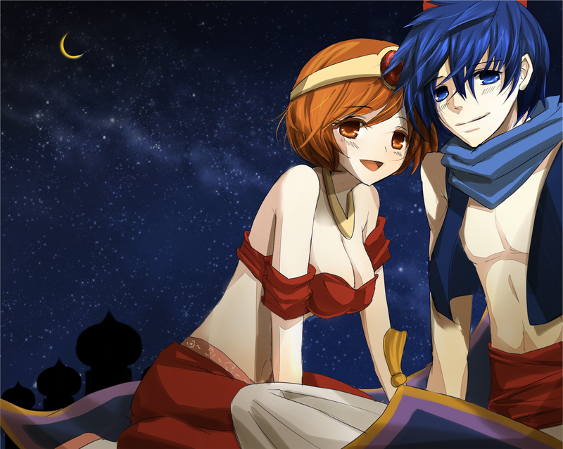 1girl aladdin ama_on_(mia) arabian_clothes baggy_pants bandeau bare_shoulders blue_eyes blue_hair breasts brown_eyes brown_hair carpet castle cleavage cosplay couple crescent_moon crown cuffs disney fez_hat harem_outfit harem_pants jewelry kaito magic_carpet meiko mia_(artist) midriff moon necklace night night_sky open_mouth scarf short_hair silhouette sky smile vocaloid