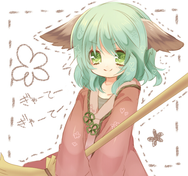 &gt;:) animal_ears bad_id broom bust dress green_eyes green_hair hetaling kasodani_kyouko long_sleeves shin_(hetaling) short_hair solo ten_desires touhou