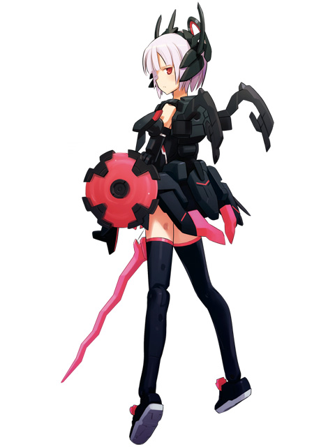 blade busou_shinki doll_joints pink_hair red_eyes shield short_hair simple_background solo thighhighs zilvern