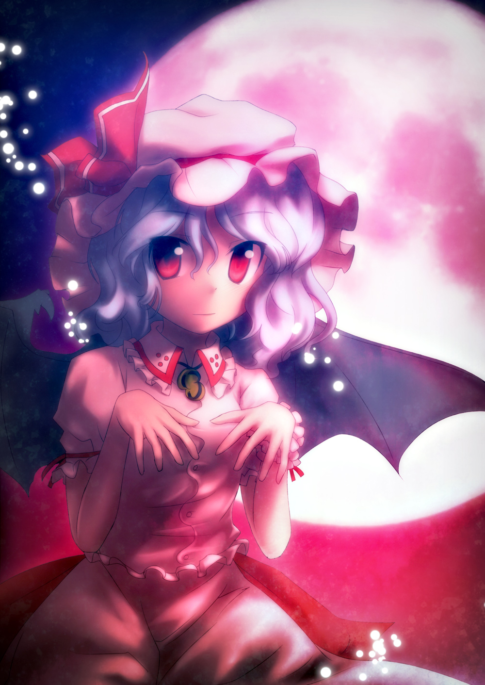 bat_wings bloom blue_hair dress full_moon hat highres ikmg jewelry light_particles light_smile looking_at_viewer moon necklace pink_dress red_eyes remilia_scarlet solo touhou wings