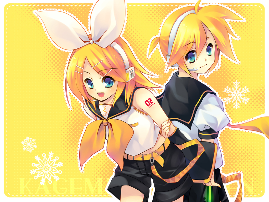 1boy 1girl arm_warmers arms_behind_back back-to-back back_to_back belt blonde_hair blouse blue_eyes boy boy_and_girl detached_sleeves female girl hair_bow hairclip headphones headset kagamine_len kagamine_rin lace-trimmed_blouse looking_back male nail_polish neckerchief necktie open_mouth polka_dot sailor_collar school_uniform serafuku short_hair short_sleeves shorts simple_background sleeveless sleeveless_blouse smile snowflake snowflakes tattoo vocaloid white_shirt yellow yellow_background