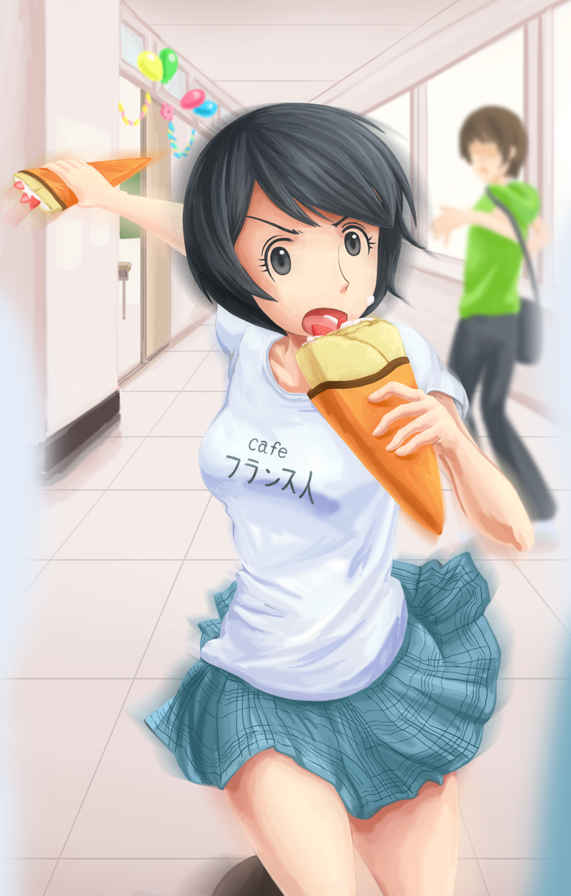 black_hair clothes_writing clothing_writing crepe eating food food_on_face highres hiwatari marsh_(artist) open_mouth running short_hair skirt t-shirt yotsubato!