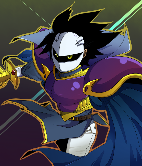 1boy armor belt black_hair cape gloves kirby_(series) knight male male_focus mask meta_knight panman pants pauldron personification solo spiked_hair spiky_hair sword weapon yellow_eyes