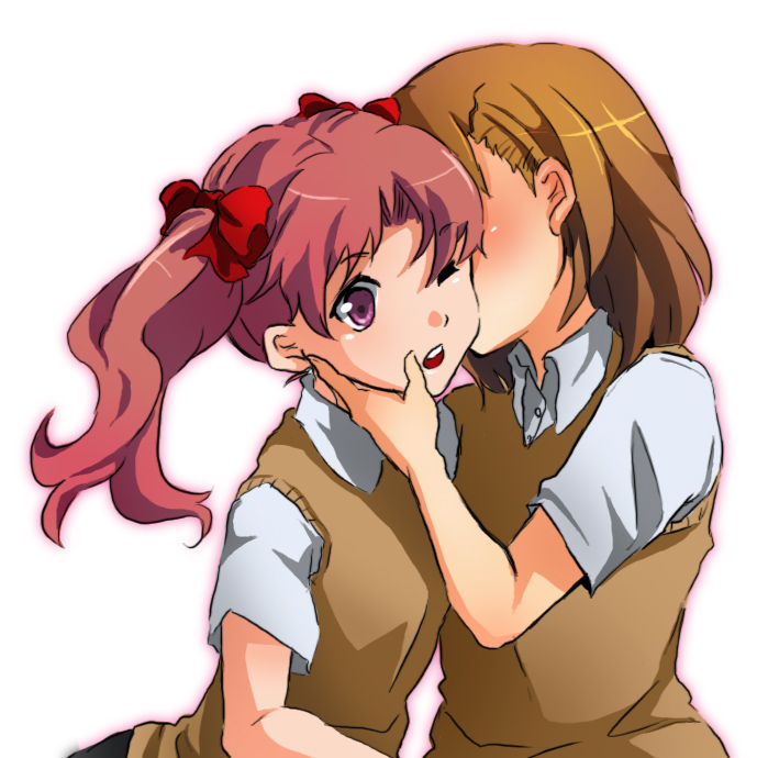 2girls brown_eyes brown_hair cheek_kiss chikin_(ehokanko) female kiss long_hair misaka_mikoto multiple_girls school_uniform shirai_kuroko short_hair simple_background sweater_vest to_aru_kagaku_no_railgun to_aru_majutsu_no_index twintails wink yuri