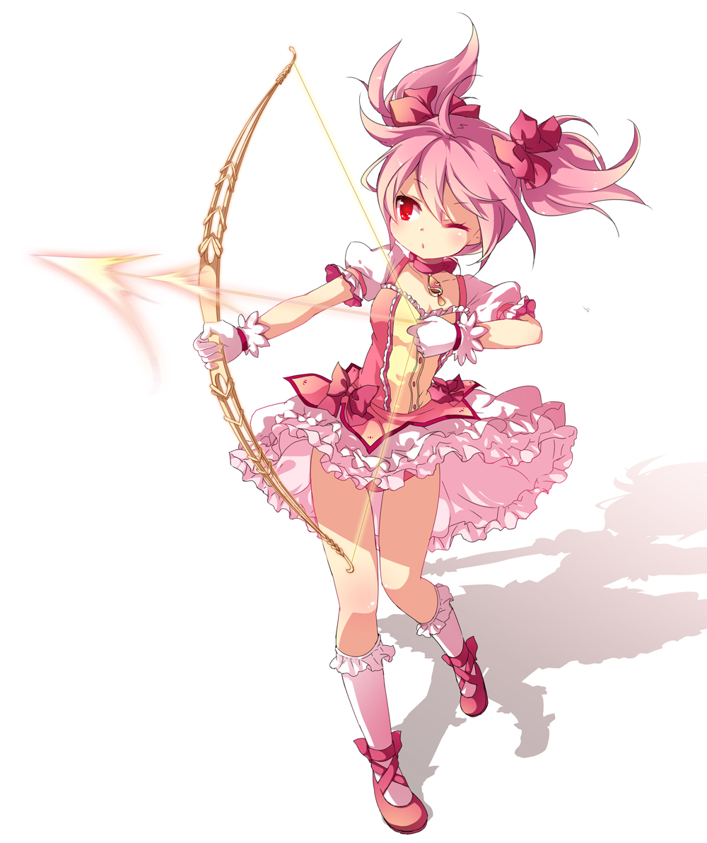 bow_(weapon) bubble_skirt chiyingzai gloves kaname_madoka magical_girl mahou_shoujo_madoka_magica pink_hair red_eyes shadow shoes short_hair simple_background weapon white_gloves wink