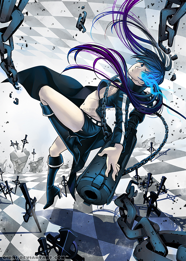 black_hair black_rock_shooter black_rock_shooter_(character) boots chain chains checkered glowing glowing_eyes qinni scar shorts twintails watermark weapon web_address white_skin