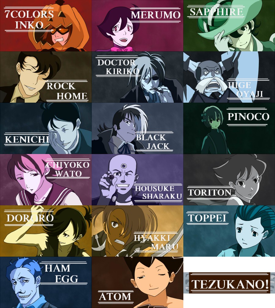 astro_boy atom atom_(tetsuwan_atom) baccano! black_jack black_jack_(copyright) character_request chiyoko_wato copyright_request crossover dororo_(character) ham_egg hyakkimaru_(character) kenichi_(tezuka_osamu) kiriko_(black_jack) melmo pinoko princess_sapphire ribbon_no_kishi rock_(character) sharaku_hosuke toppei triton