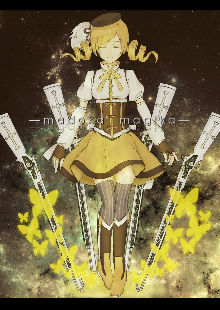 bad_id beret blonde_hair boots breasts closed_eyes detached_sleeves drill_hair eyes_closed fingerless_gloves gloves gun hair_ornament hat highres large_breasts len-rin letterboxed magical_girl magical_musket mahou_shoujo_madoka_magica musket puffy_sleeves rifle solo space thighhighs tomoe_mami vertical-striped_legwear vertical-striped_thighhighs vertical_stripes weapon