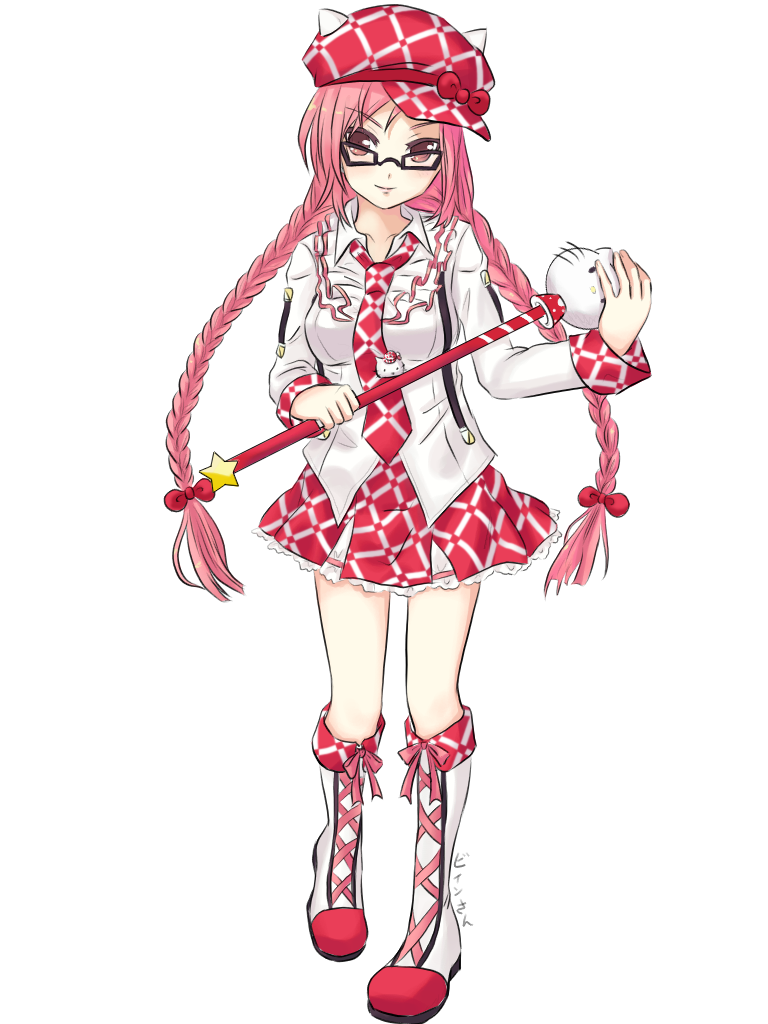 boots braid cross-laced_footwear glasses hat hello_kitty long_hair lucia necktie pangya pink_eyes pink_hair transparent_background twin_braids very_long_hair