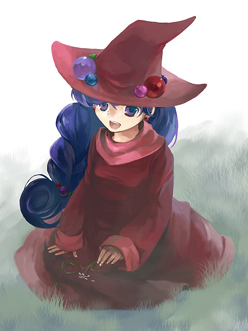 :d :p dress flower hat jewelry kaito_(sawayakasawaday) kneeling long_hair monster_maker open_mouth purple_eyes purple_hair rufia_(monster_maker) smile solo tongue very_long_hair violet_eyes witch witch_hat