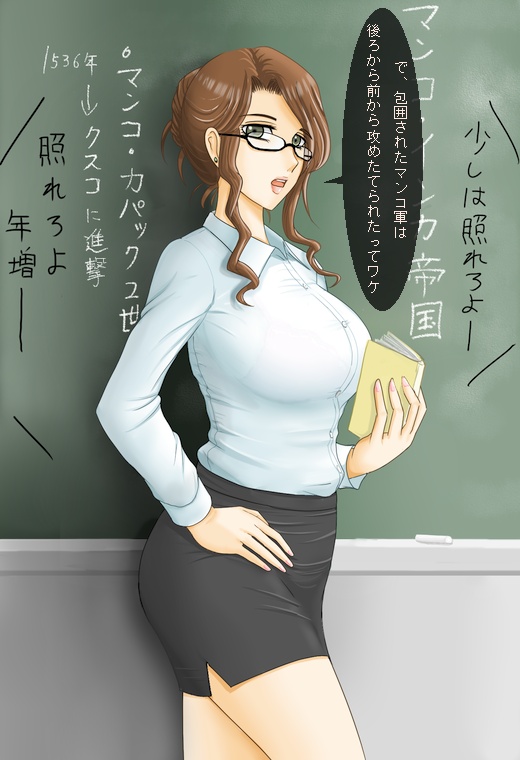 1girl breasts brown_hair copyright_request curvy earrings futon_suki glasses hand_on_hip hips jewelry large_breasts lingerie lips see-through solo teacher translated translation_request underwear