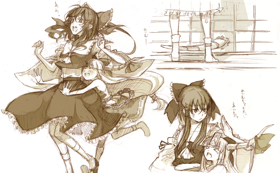 &gt;_&lt; 2girls ascot blush bow chain chains closed_eyes cosmic_(crownclowncosmic) detached_sleeves eyes_closed glomp graphite_(medium) hair_bow hakurei_reimu happy horn_ribbon horns hug hug_from_behind ibuki_suika laughing miko multiple_girls ofuda open_mouth ponytail ribbon sketch teardrop tears touhou traditional_media