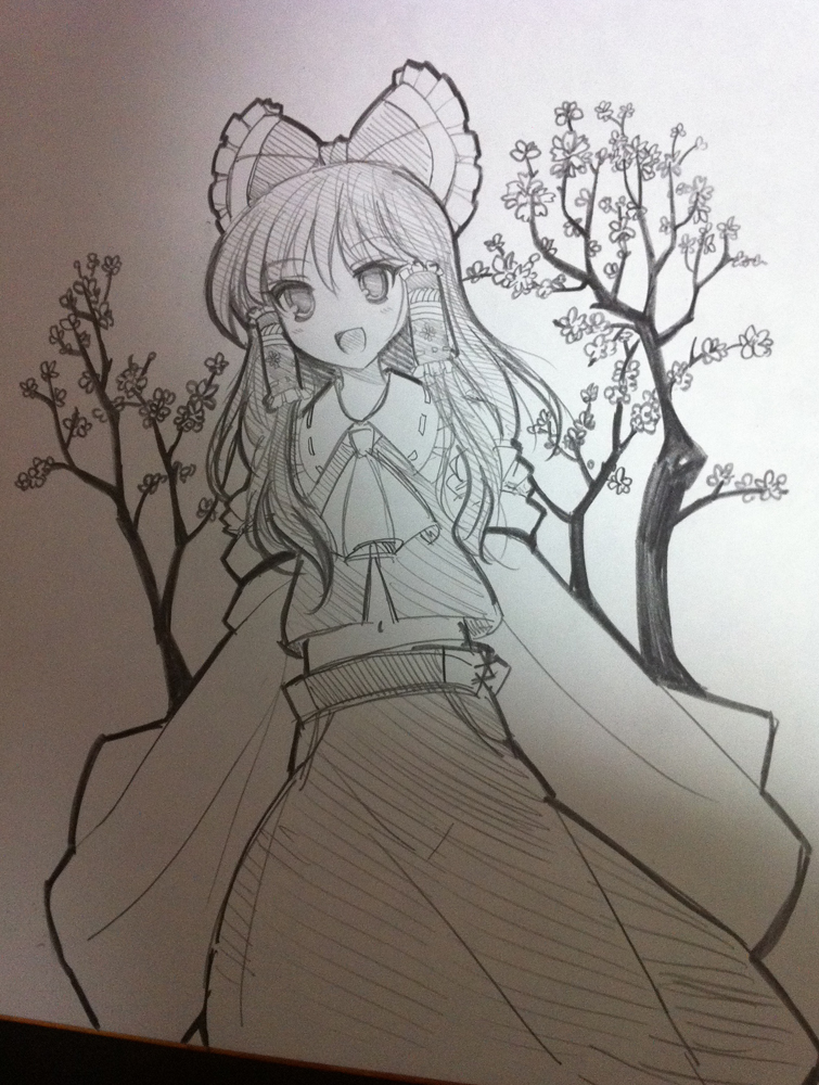 ascot blush bow branch detached_sleeves graphite_(medium) hair_bow hair_tubes hakurei_reimu ideolo long_hair midriff miko monochrome navel open_mouth shikishi sketch sleeves_past_wrists smile solo touhou traditional_media