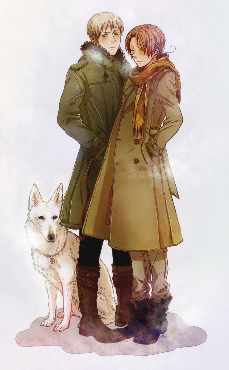 ^_^ ahoge alternate_costume alternate_hairstyle animal ankle_boots axis_powers_hetalia bangs black_eyes blonde_hair blue_eyes blush boots breath brown_hair chain chains closed_eyes cold collar cross dog eyes_closed fur_trim germany_(hetalia) hands_in_pockets highres iron_cross kuma_(hughugchu) leash long_coat male multiple_boys northern_italy_(hetalia) pants parted_bangs plaid plaid_scarf scarf shadow simple_background smile