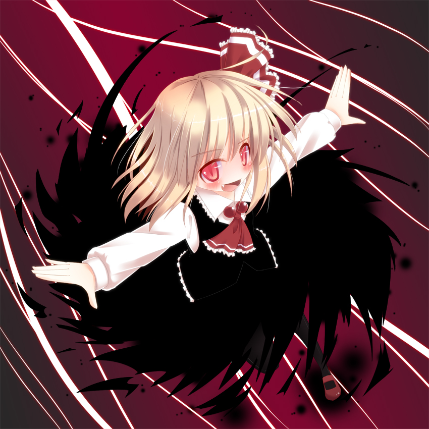 blonde_hair blush bow darkness fang hair_bow hair_ribbon open_mouth outstretched_arms razy_(skuroko) red_eyes ribbon rumia short_hair smile solo the_embodiment_of_scarlet_devil touhou youkai