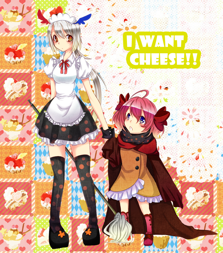 ahoge apron blue_eyes cake cape charlotte_(madoka_magica) food frills grey_hair hair_ribbon hand_holding heart holding_hands mahou_shoujo_madoka_magica maid_headdress mop multicolored_eyes multiple_girls personification pink_hair ponytail ribbon scarf sleeves_past_wrists thigh-highs thighhighs yoitsuki