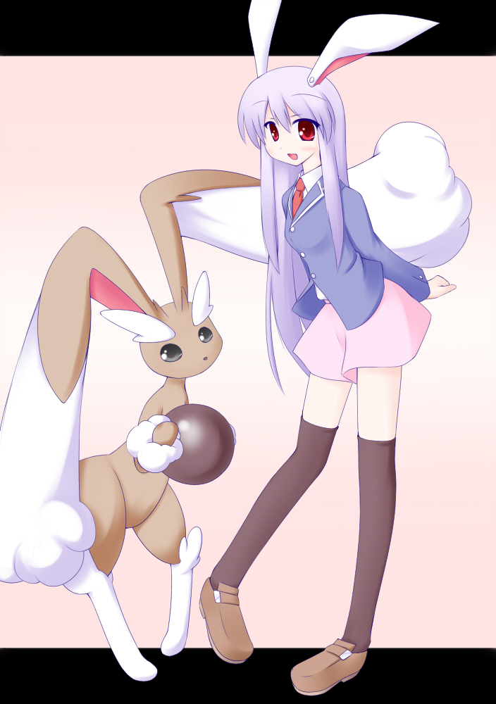 1girl black_legwear bunny_ears crossover letterboxed lopunny miyo_(miyomiyo01) pokemon pokemon_(creature) purple_hair red_eyes reisen_udongein_inaba thighhighs touhou