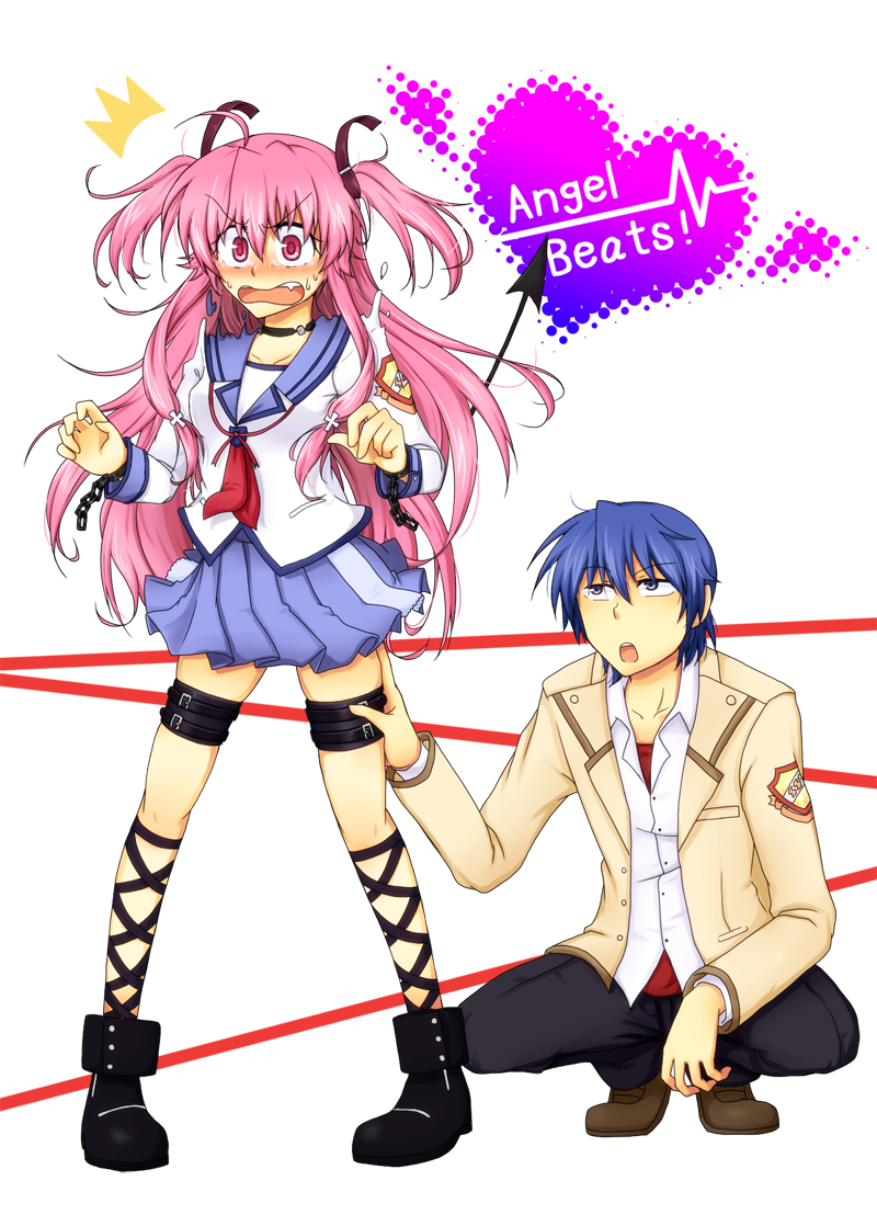 /\/\/\ angel_beats! blue_eyes blue_hair blush chain chains demon_tail fang hair_ribbon hinata_(angel_beats!) leg_grab long_hair male open_mouth pigeon_toed pink_eyes pink_hair ribbon school_uniform shirotobi_akito short_hair straddle surprised sweat tail transparent_background trembling yui_(angel_beats!)