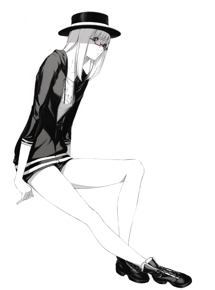 copyright_request glasses hat hoodie legs long_hair monochrome porkpie_hat sawasawa short_shorts shorts solo