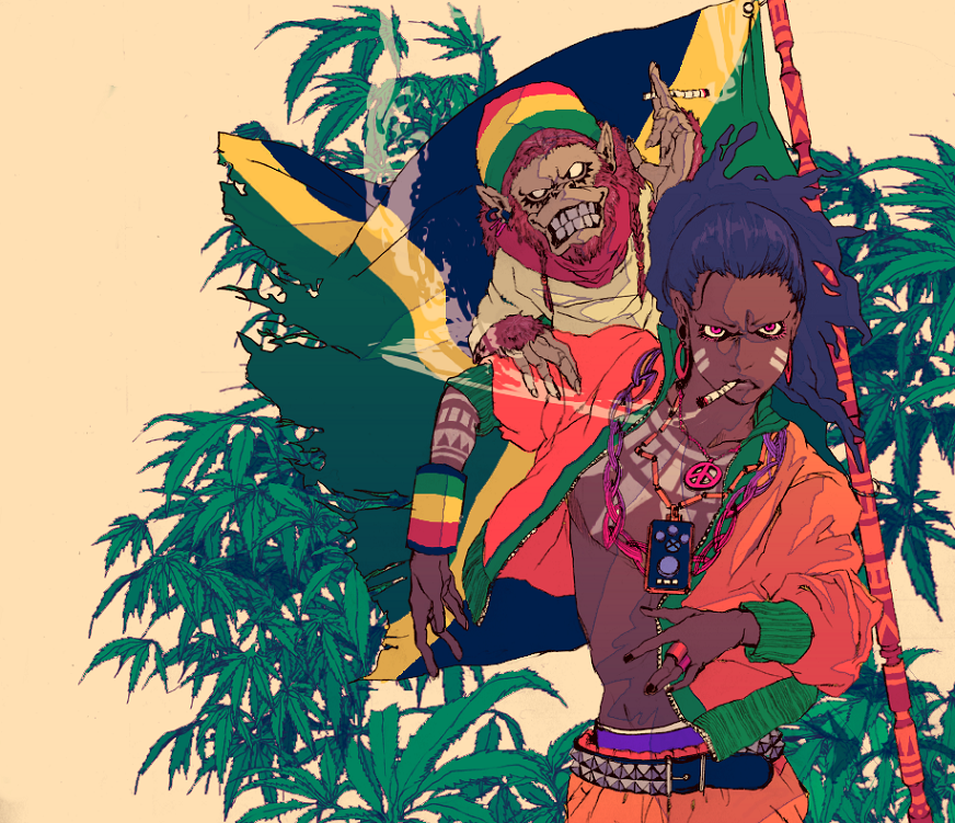 armband bandana belt black_hair braid cannabis cigarette colored_eyelashes dark_skin digital_media_player earrings eyelashes facial_mark flag grin jacket jamaica jamaican jewelry male marijuana monkey nail_polish nasaxxxx necklace open_clothes open_jacket original peace_symbol pink_eyes plant pointy_ears purple_eyes rasta ring smile smoke smoking tattoo teeth twin_braids violet_eyes