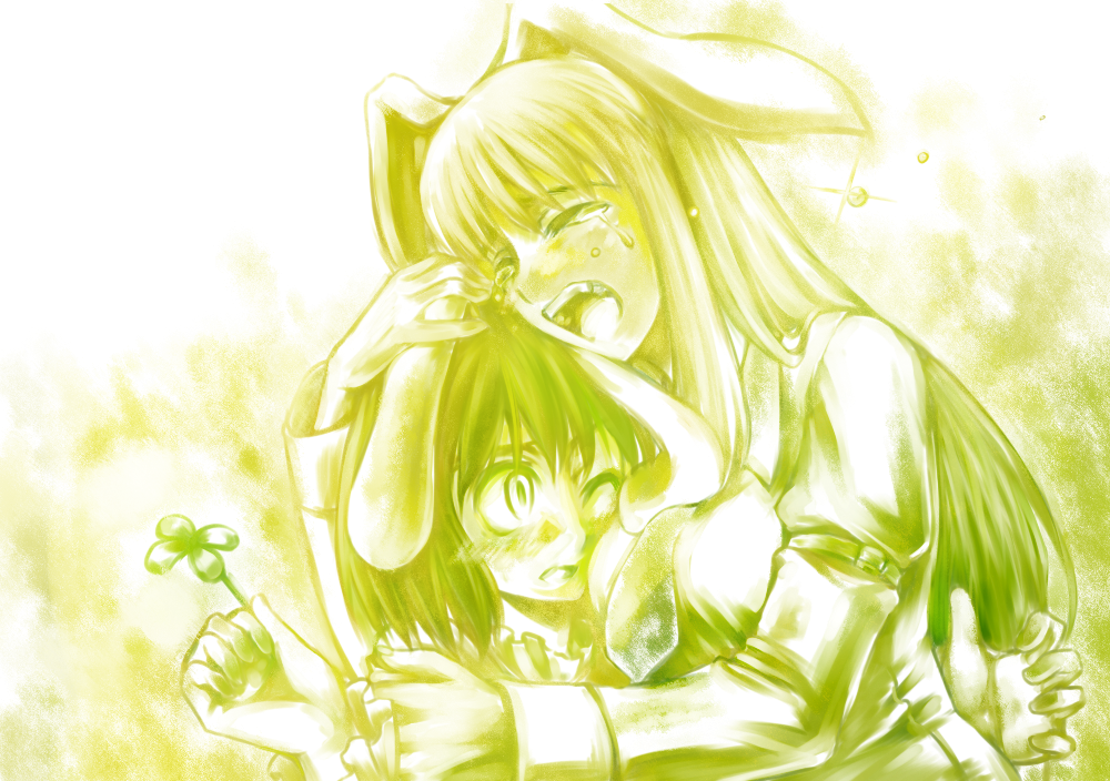 animal_ears blush bunny_ears bust closed_eyes clover eyes_closed four-leaf_clover friends green head_hold hug inaba_tewi long_hair monochrome multiple_girls open_mouth reisen_udongein_inaba short_hair tears touhou wink yoshike~to