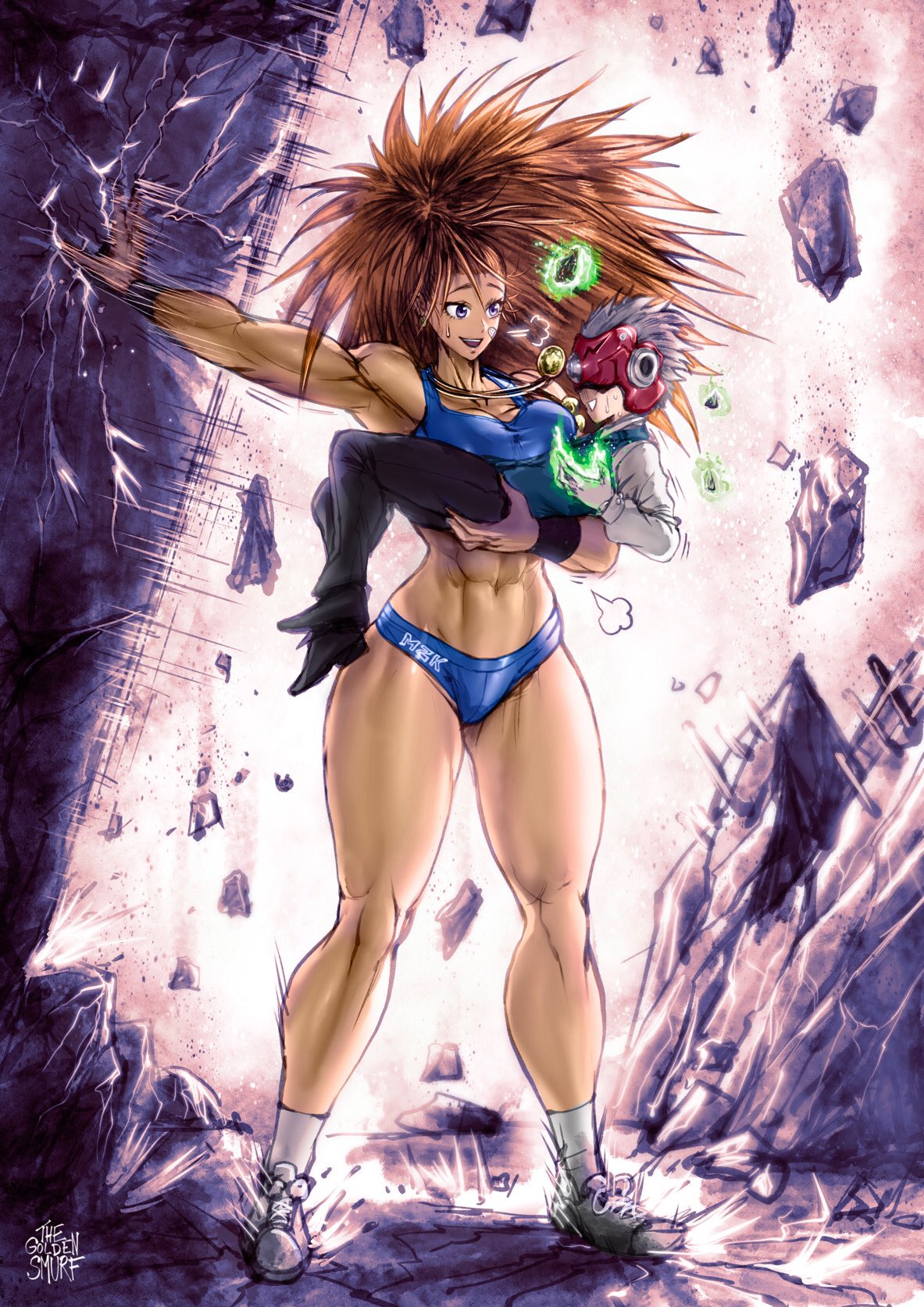 1boy 1girl abs bandaid bandaid_on_cheek bandaid_on_face biceps big_hair blue_shorts blue_sports_bra breasts brown_hair captain_mizuki carrying english_commentary fire floating_rock full_body gearsper green_fire gym_shorts height_difference helmet hetero highres large_breasts long_hair long_legs looking_at_viewer medal medallion midriff muscular muscular_female one-eyed one-punch_man princess_carry revision role_reversal rubble shoes shorts sneakers socks spiky_hair sports_bra strong sweatdrop sweater_vest tall_female telekinesis the_golden_smurf thick_thighs thighs violet_eyes