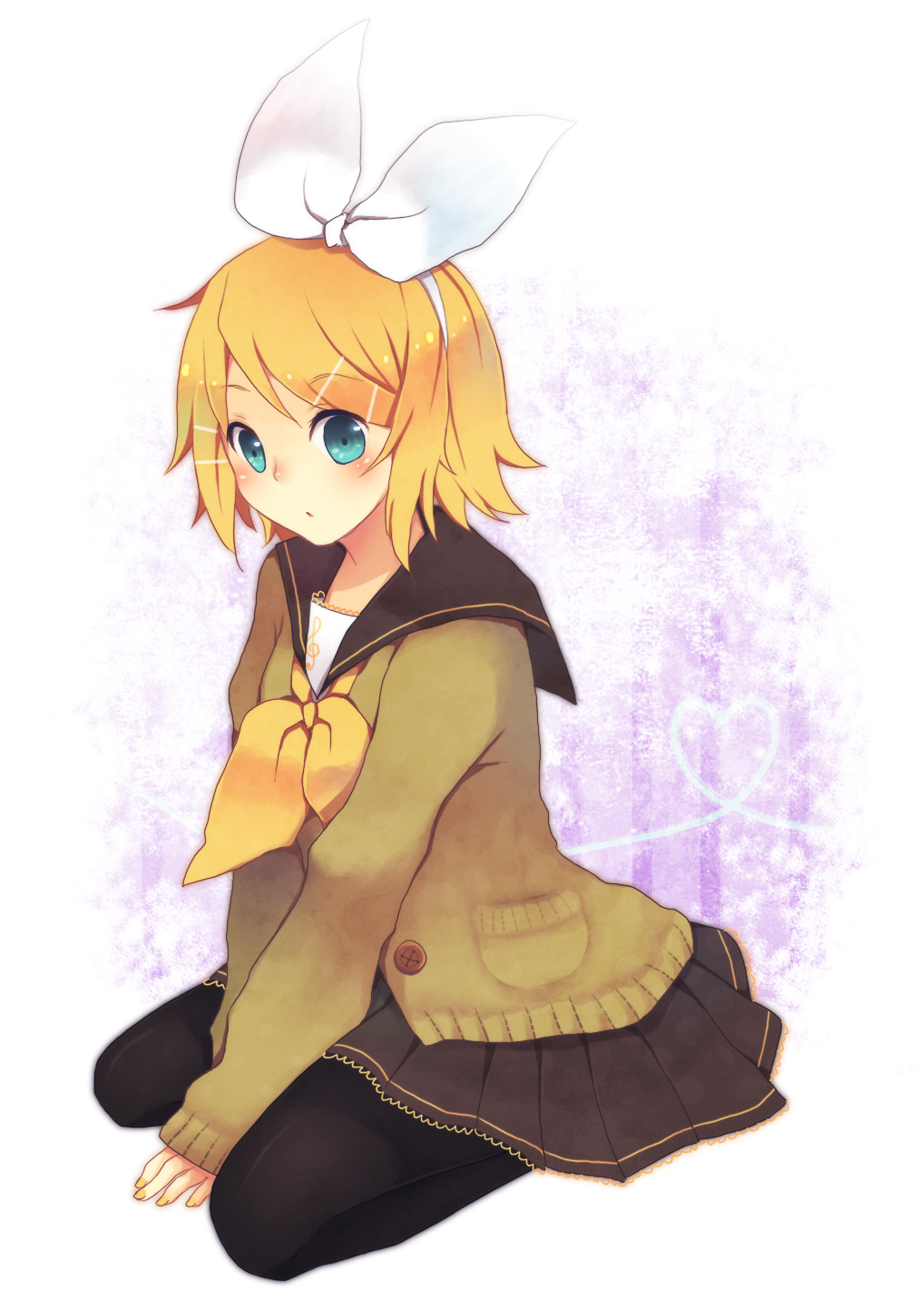 aqua_eyes bad_id blonde_hair fiute hair_ornament hair_ribbon hairclip highres kagamine_rin nail_polish pantyhose ribbon short_hair sitting skirt solo sweater vocaloid wariza