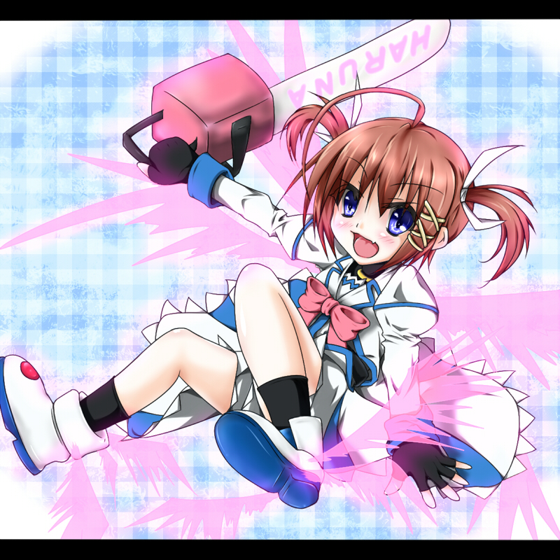 ahoge blue_eyes brown_hair chainsaw cosplay fang fingerless_gloves gloves haruna_(kore_wa_zombie_desu_ka?) kore_wa_zombie_desu_ka? lyrical_nanoha mahou_shoujo_lyrical_nanoha natsume_shousa open_mouth short_hair solo takamachi_nanoha takamachi_nanoha_(cosplay) twintails