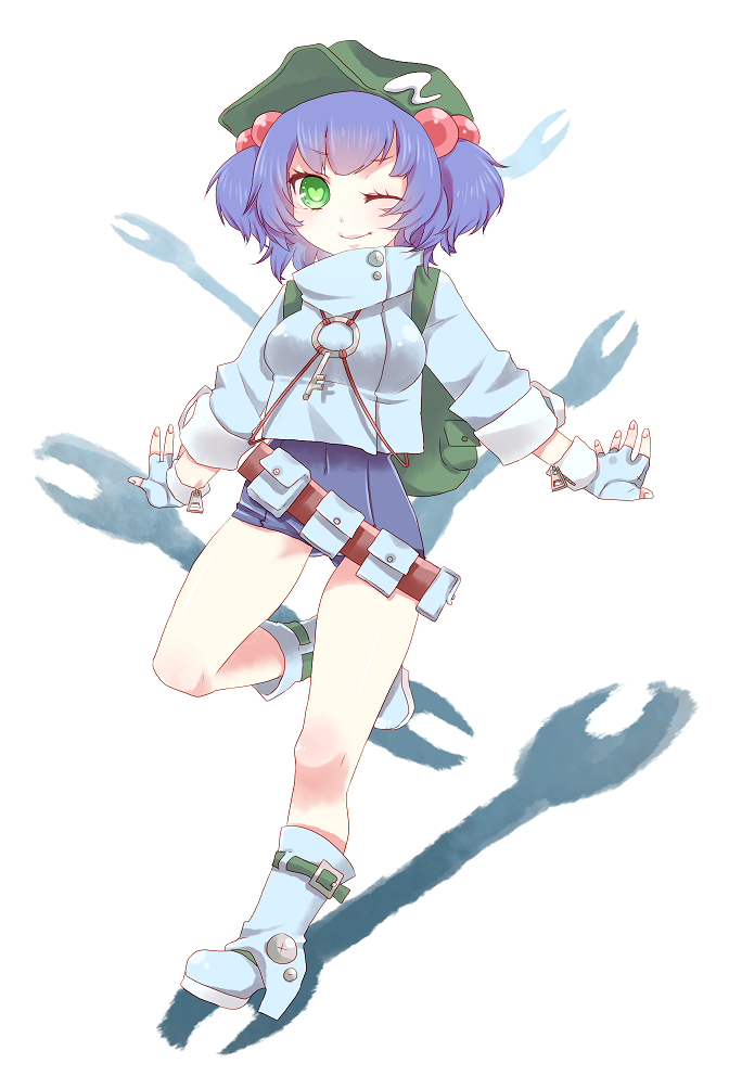 ak_love backpack bag bandolier blue_hair boots fingerless_gloves gloves green_eyes hair_bobbles hair_ornament heart heart-shaped_pupils kawashiro_nitori key no_pants pocket pockets randoseru school_swimsuit sleeves_rolled_up solo swimsuit swimsuit_under_clothes symbol-shaped_pupils touhou twintails wink wrench