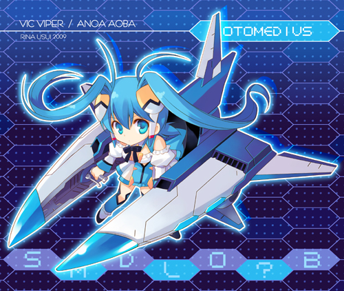 ahoge aoba_anoa blue_eyes blue_hair blue_legwear blue_thighhighs bow character_name chibi gradius headphones heads-up_display honeycomb_background konami long_hair lowres mecha_musume otomedius ribbon shoes solo thigh-highs thighhighs title_drop twintails usui_rina vic_viper