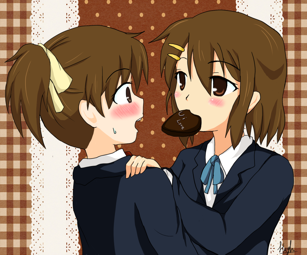 2girls brown_eyes brown_hair chocolate cookie eye_contact female food hair_ornament hairclip hand_on_shoulder hirasawa_ui hirasawa_yui incest k-on! lion_hugh looking_at_another mouth_hold multiple_girls open_mouth ponytail school_uniform siblings sisters surprised sweat sweatdrop yuri