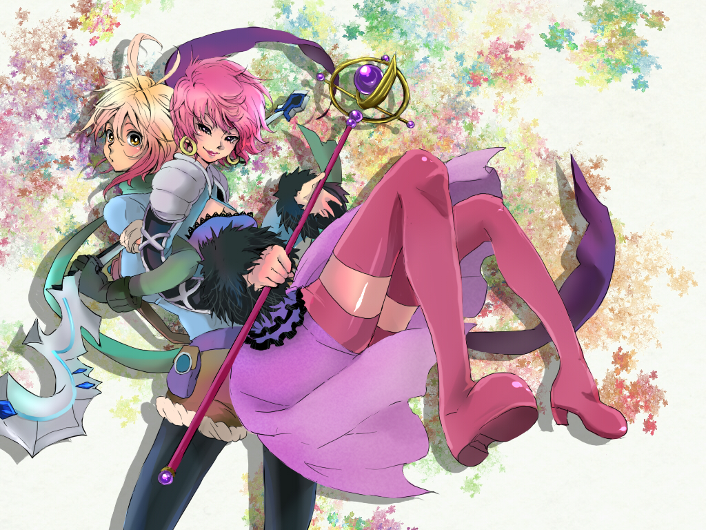 ahoge blonde_hair blush boots brown_eyes dress earrings gloves gradient_hair harold_berselius jewelry lipstick makeup messy_hair multicolored_hair multiple_girls pascal pink_hair pink_legwear pink_thighhighs scarf shorts smile suutaso tales_of_(series) tales_of_destiny_2 tales_of_graces thigh-highs thighhighs wand