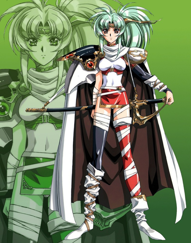 90s ahoge angelina_(langrisser) asymmetrical_clothes asymmetrical_clothing bandage bandages black_legwear black_thighhighs boots breasts brown_eyes cape frown gloves green_background green_hair langrisser langrisser_iv long_hair mismatched_footwear official_art pauldron pauldrons payot ponytail red_legwear red_thighhighs scabbard scan serious sheath solo thigh-highs thighhighs tiara urushihara_satoshi zoom_layer