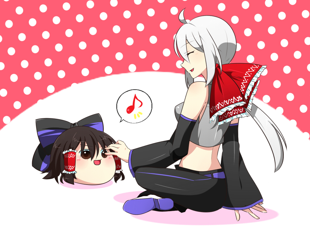 :d bow brown_eyes brown_hair closed_eyes cosplay costume_switch crossover detached_sleeves eyes_closed hair_bow hair_ornament hakurei_reimu hakurei_reimu_(cosplay) japanese_clothes miko musical_note neko_meshi open_mouth pants petting polka_dot polka_dot_background ponytail shoes silver_hair smile thought_bubble touhou vocaloid word_bubble yowane_haku yowane_haku_(cosplay) yukkuri_shiteitte_ne