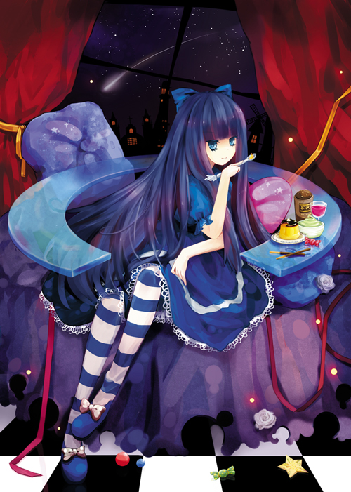 black_hair checkered checkered_floor cup curtains flower hair_ribbon hiragi_rin light_smile long_hair night night_sky panty_&amp;_stocking_with_garterbelt pocky pudding ribbon rose sitting sky spoon star star_(sky) starry_sky stocking_(character) stocking_(psg) striped striped_legwear striped_thighhighs surreal thigh-highs thighhighs white_rose window