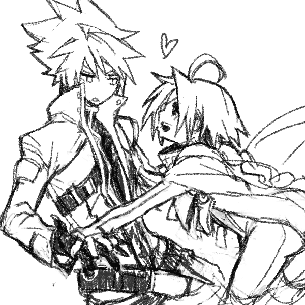 ahoge blazblue braid eyepatch heart long_hair monochrome nu-13 ragna_the_bloodedge short_hair sketch