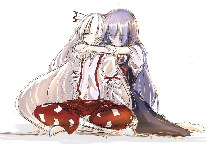 arm_around_neck bad_id barefoot closed_eyes eyes_closed fujiwara_no_mokou hug hug_from_behind kamishirasawa_keine kuroda multiple_girls no_hat no_headwear sitting sketch sleeping touhou