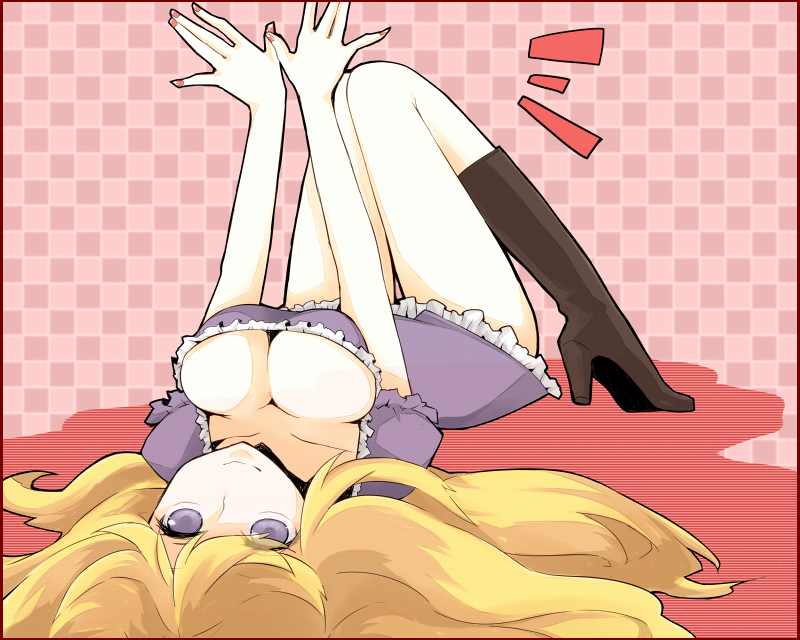 alternate_hairstyle blonde_hair boots breasts checkered checkered_background cielo_oceano cleavage frills high_heels knee_boots large_breasts legs long_hair lying nail_polish no_hat no_headwear on_back outstretched_arms purple_eyes shoes smile solo thighs touhou undone upside-down violet_eyes yakumo_yukari