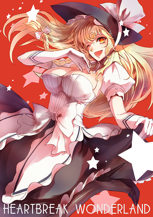 adult blonde_hair bonnet breasts high_heels huge_breasts invincible_marisa kirisame_marisa nokishita pantyhose touhou wink yellow_eyes