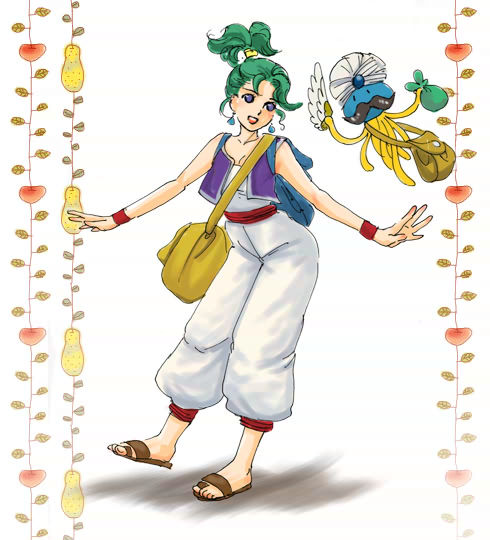 bracelet cosplay curly_hair dragon_quest dragon_quest_iii dragon_quest_iv earrings facial_hair green_hair heroine_(dq4) hoimi_slime jewelry merchant_(dq3) merchant_(dq3)_(cosplay) merchant_(dq3)_cosplay mustache nao_(moji) overalls purple_eyes sandals short_hair short_ponytail smile turban vest violet_eyes wings