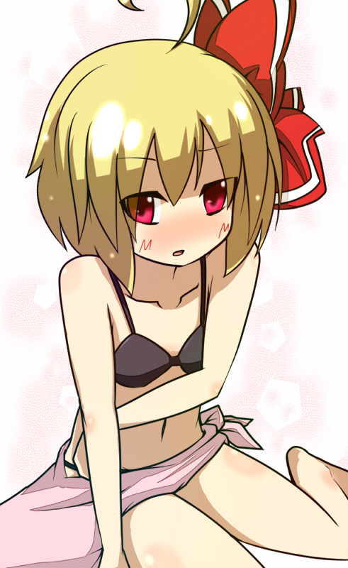 ahoge bare_shoulders bikini blonde_hair blush bow collarbone earlgrey flat_chest from_above hair_bow hair_ribbon navel no_nose red_eyes ribbon rumia sarong short_hair sitting solo swimsuit the_embodiment_of_scarlet_devil touhou youkai