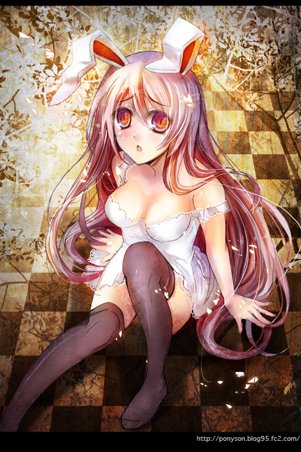 :o animal_ears black_legwear blush breasts bunny_ears checkered checkered_floor cleavage dress long_hair pink_hair pony_(artist) reisen_udongein_inaba short_dress sitting slit_pupils solo thighhighs touhou white_dress