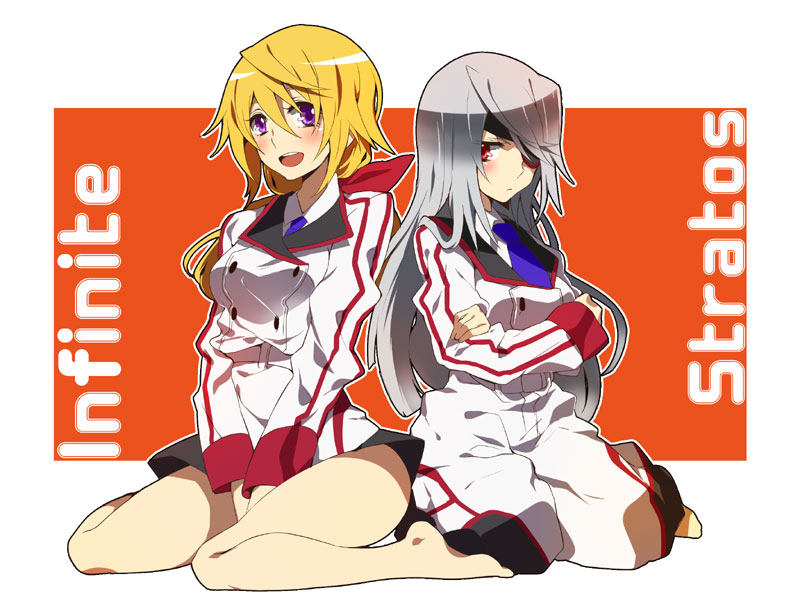 akishima_kei bad_id barefoot blonde_hair charlotte_dunois eyepatch infinite_stratos laura_bodewig long_hair multiple_girls red_eyes silver_hair sitting uniform wariza